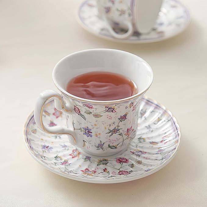 GOMMO Vintage Style Floral Tea Cup and Saucer Set for 1, English Elegant Fine China Tea Cup, 7 oz Cappuccino Espresso Latte Mug (1, Vintage Floral)