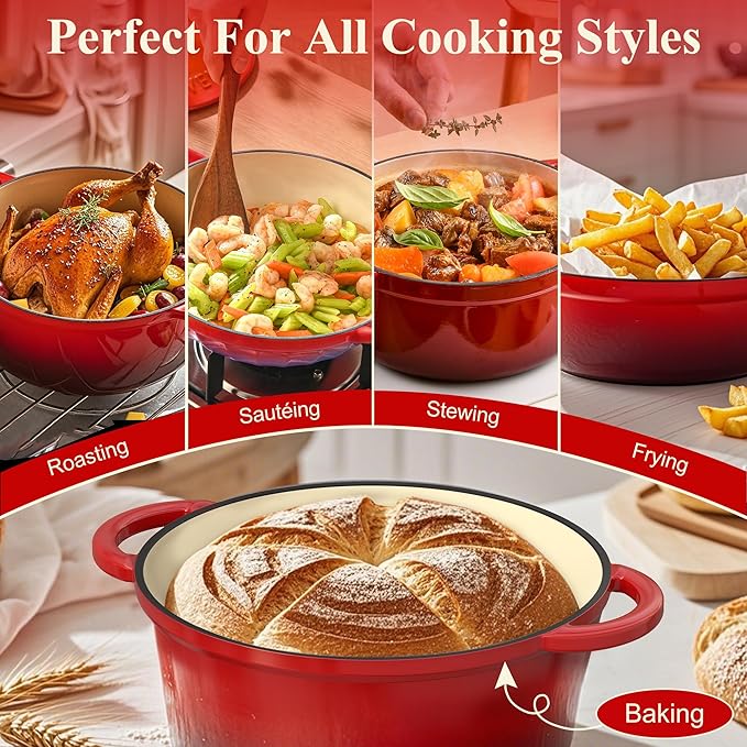 5QT Enameled Cast Iron Dutch Oven for Bread Baking, Sourdough Bread Making Supplies Tools Starter Kit, Dutch Oven Pot with Lid, Banneton Bread Proofing Basket and Scoring Lame, Red Christmas Gifts Idea