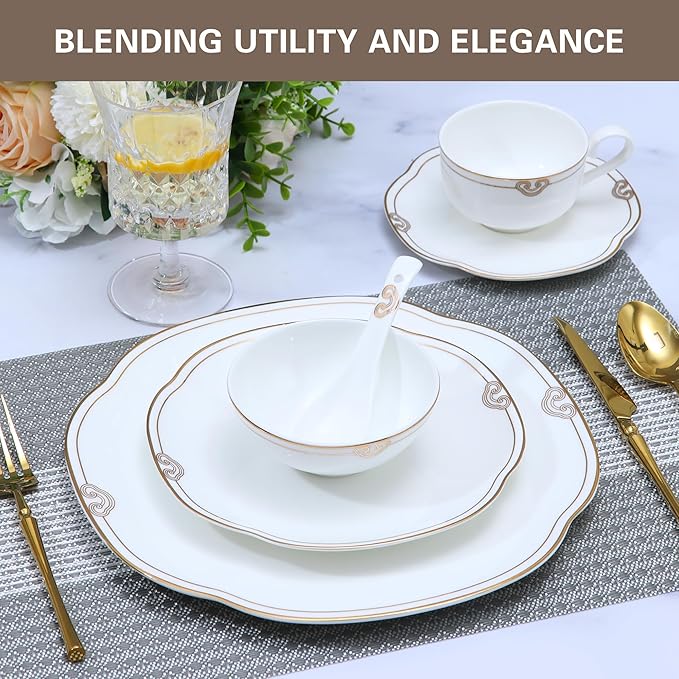 24 Piece White Porcelain Dinnerware,Bone china Set for 4,Plates and Bowls Sets With Double Gold Rim, Highly Chip and Crack Resistant | Dishwasher Safe Dishes Set (White & Double Gold Rim)