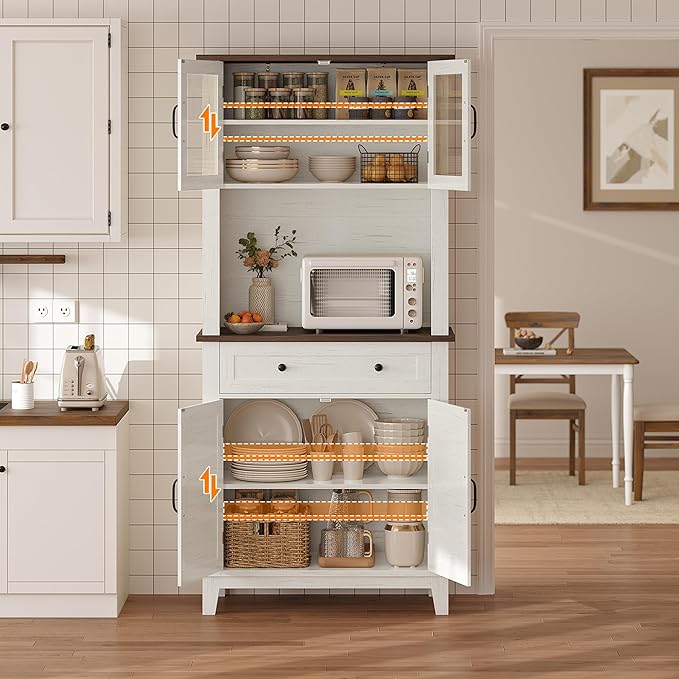 Elegant White Modern Wood Pantry Coffee Cabinet with Ample Storage, Spacious 72" Tall Kitchen Bar Cabinet Hutch Featuring 4 Stylish Glass Doors & 1 Smooth Drawer, Versatile Stand-Alone Food Pantry