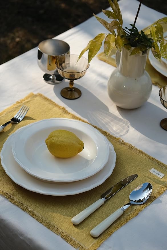 Noalumea 100% Linen Placemats Set of 4 ??Thick Mustard Yellow Table Mats with Hand-Frayed Edges, Machine Washable, Elegant Dining Table Decor for Everyday Meals & Holiday Gatherings, 14 x 19 Inch
