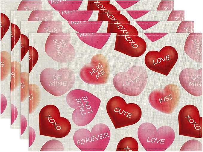 Valentine Placemats Set of 4, 12x18 Inch Be Mine Kiss XOXO Love Hearts Table Mats, Seasonal Anniversary Holiday Valentines Day Table Decorations for Kitchen Dining Home Party Decor