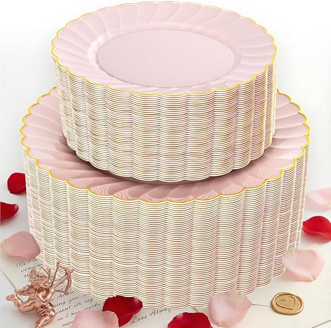 YOUBET 100PCS Pink Scalloped Plastic Plates - Heavy Duty Gold Disposable Fancy Hard Plates Include 50 Dinner Plate, 50 Dessert Plate, for Wedding & Party Valentines Day