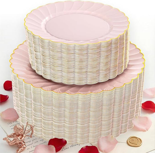 YOUBET 100PCS Pink Scalloped Plastic Plates - Heavy Duty Gold Disposable Fancy Hard Plates Include 50 Dinner Plate, 50 Dessert Plate, for Wedding & Party Valentines Day