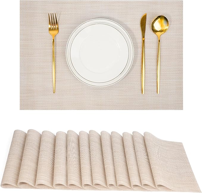 flohar Placemats Set of 12竊똍on-Slip PVC Weave Table Mats Easy to Clean竊똇eat Resistant Place Mats for Kitchen Dining Table Decoration Indoor Outdoor竊똁eige White