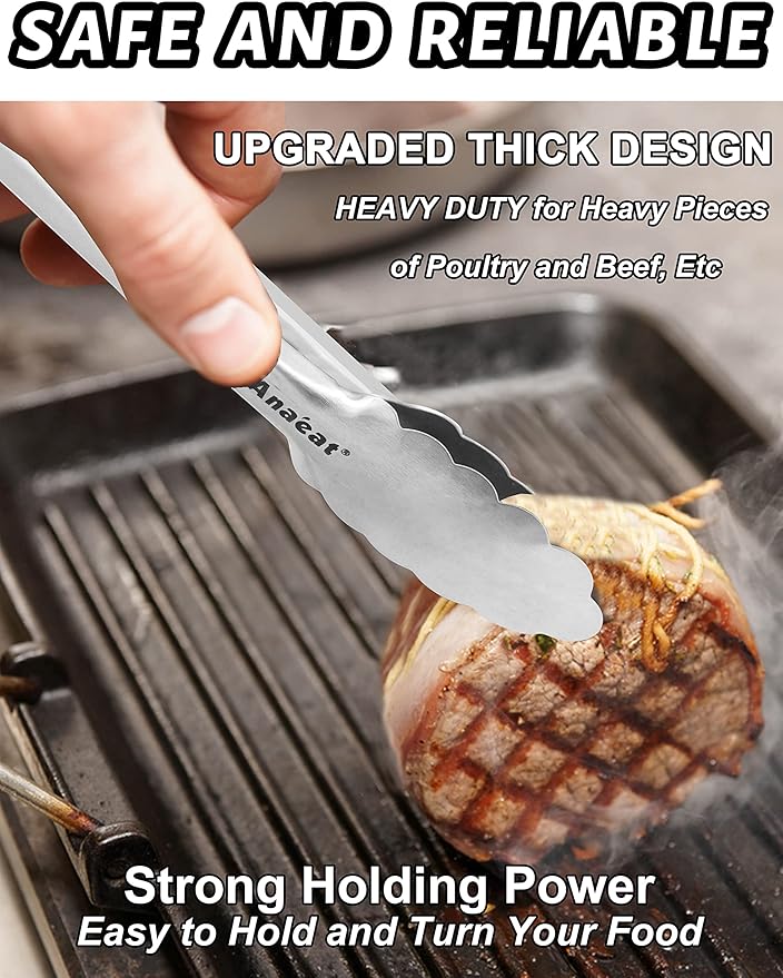 Anaeat 7" Mini Cooking Tong Stainless Steel - Sturdy Coiled Spring Locking Kitchen Food Tong with Non-Slip Silicone Grip for Serving, Cooking, Baking - Heat Resistant up to 480째F (Black)