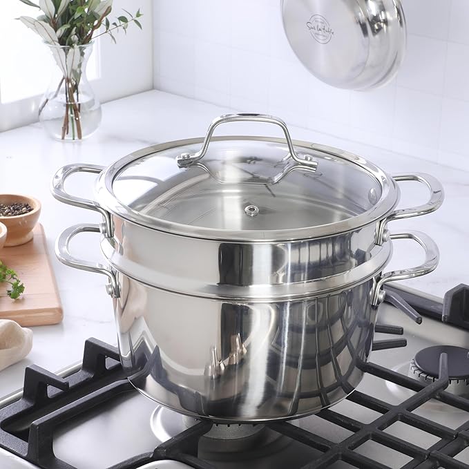 Sur La Table Kitchen Essentials Chef's Deck 3-Piece 5.3-Quart Stainless Steel Dutch Oven with Steamer Insert & Glass Lid ??Induction Ready, Tri-Ply Base, Polished Finish & Hollow Stay-Cool Handles