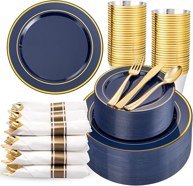 350PCS Navy Blue and Gold Plastic Plates with Rolled Napkins Include Dinner Plate 10?쇺? Dessert Plate 7?쇺? gold Cups 9 OZ, Pre Rolled Napkins 25 of each type for Party/Birthday/Wedding