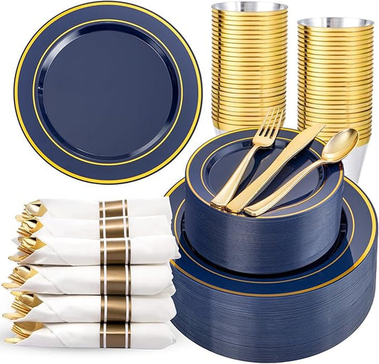 350PCS Navy Blue and Gold Plastic Plates with Rolled Napkins Include Dinner Plate 10?쇺? Dessert Plate 7?쇺? gold Cups 9 OZ, Pre Rolled Napkins 25 of each type for Party/Birthday/Wedding