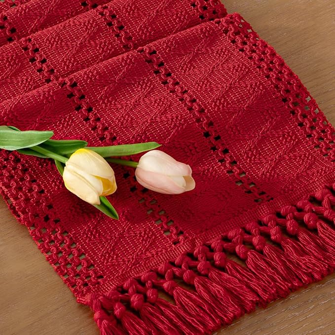 Socomi Boho Table Runner Valentine's Day Farmhouse Rustic Dining Kitchen Centerpiece Decor Small Macrame Woven Cotton Linen Coffee Table Runner for Dresser Scarf Home Decor 12x36 in Red