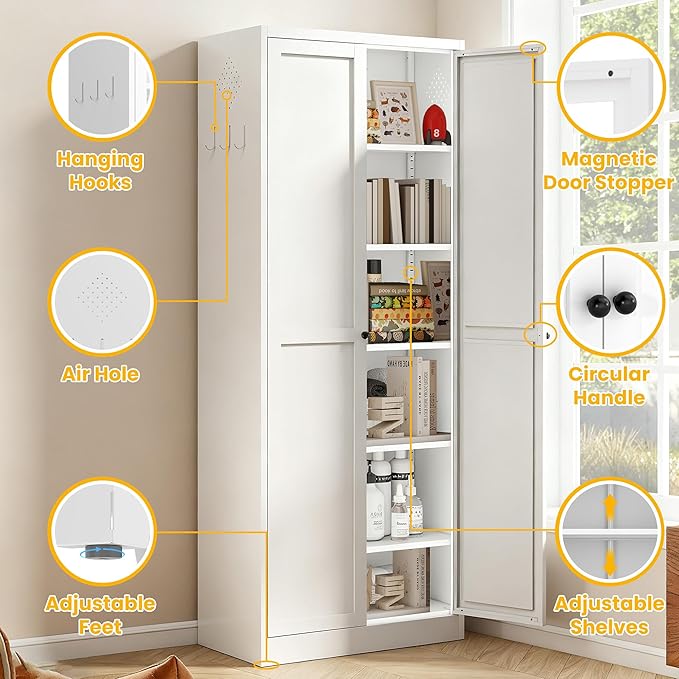 72" Metal Storage Cabinet, Large Capacity Pantry Cabinet with 6-Tier, Kitchen Storage Cabinet with 2 Doors and 5 Adjustable Shelves for Home, Kitchen, Dining, Living Room (White)
