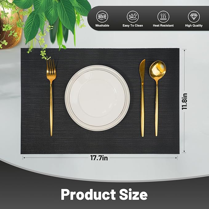 flohar Placemats Set of 12竊똍on-Slip PVC Weave Table Mats Easy to Clean竊똇eat Resistant Place Mats for Kitchen Dining Table Decoration Indoor Outdoor竊똁lack