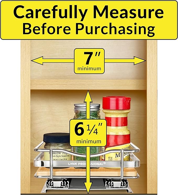 LYNK PROFESSIONAL짰 횋lite??Pull Out Spice Rack Organizer for Inside Kitchen Cabinets - 6-3/8 inch Wide - Slide Out Drawer ??Wood/Chrome Sliding Spice Cabinet Organization Shelf Racks - 1 Tier