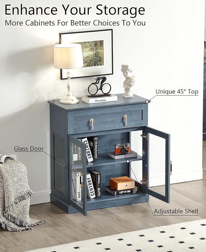Storage Cabinet Set,Three Different cabinets with Glass Doors Fulfilling All Needs for Storage and Showcase,for Kitchen,a Pantry+Large Sideboard+Small Buffet Cabinet (Blue)