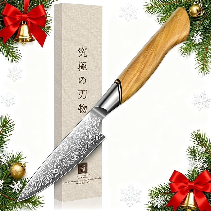 TIVOLI Damascus Paring Knife,VG-10 Fruit Knife with Razor Sharp Blade and Ergonomic Olive Wood Handle, Ideal for Home and Kitchen