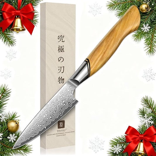 TIVOLI Damascus Paring Knife,VG-10 Fruit Knife with Razor Sharp Blade and Ergonomic Olive Wood Handle, Ideal for Home and Kitchen