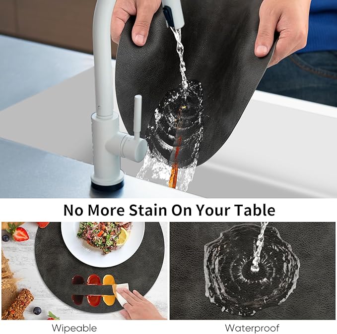 ADRIMER Placemats, Heat Resistant Round Placemats Set of 8 Washable, Waterproof Table Mats, Wipeable Faux Leather Place Mats for Kitchen, Dining Room, Dark Grey