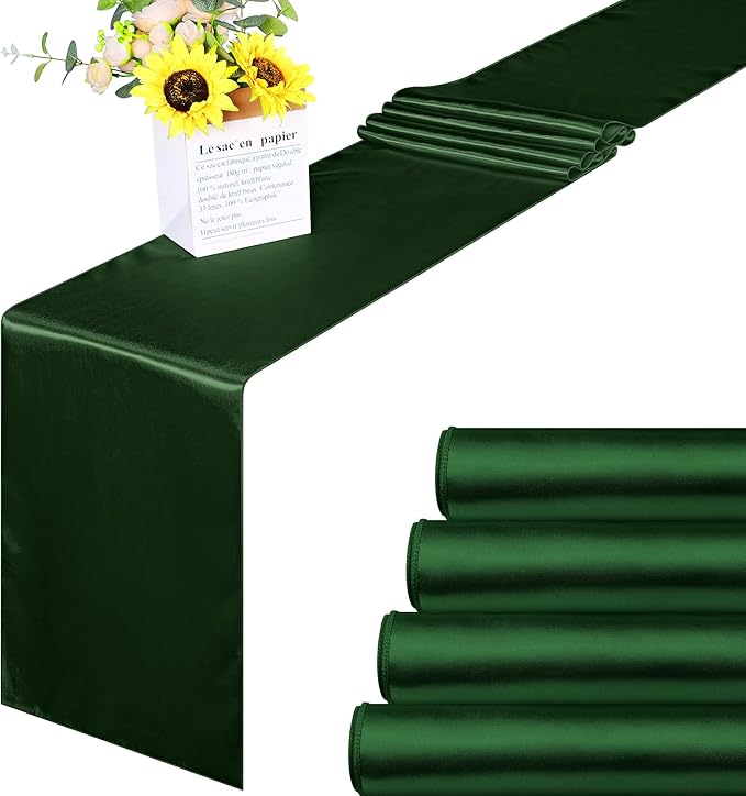 ANECO 4 Pack Satin Table Runner 12 x 108Inch Long Bright Silk and Smooth Fabric Party Table Runner for Wedding Banquet Party Decoration- Forest Green