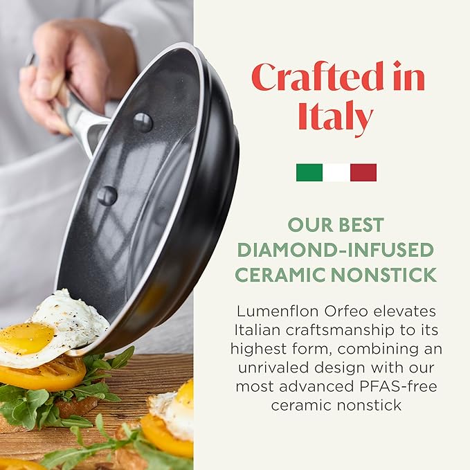 Orfeo 8??Nonstick Frying Pan Skillet, Made in Italy, Diamond Ceramic PFAS-Free Cookware, Induction Ready, Scratch Resistant, Laser-Fused Surface for Durability, Dishwasher Safe, Black