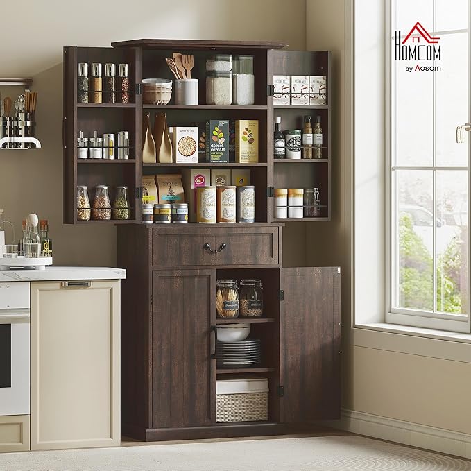 HOMCOM 71" LED Kitchen Pantry Cabinet, Farmhouse Tall Freestanding Storage Cabinet with Door Shelves, Adjustable Shelves and Drawer for Kitchen and Dining Room, Distressed Brown