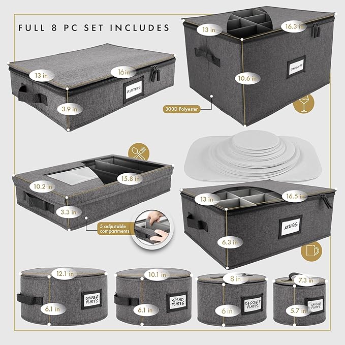 HOMELUX THEORY 8pcs Hard Shell China Storage Containers, Mug Storage, Wine Glass, Utensils, & Plate Storage Containers with Lid, Heavy Duty Dinnerware Storage for Packing Plates, Glassware & Cutlery
