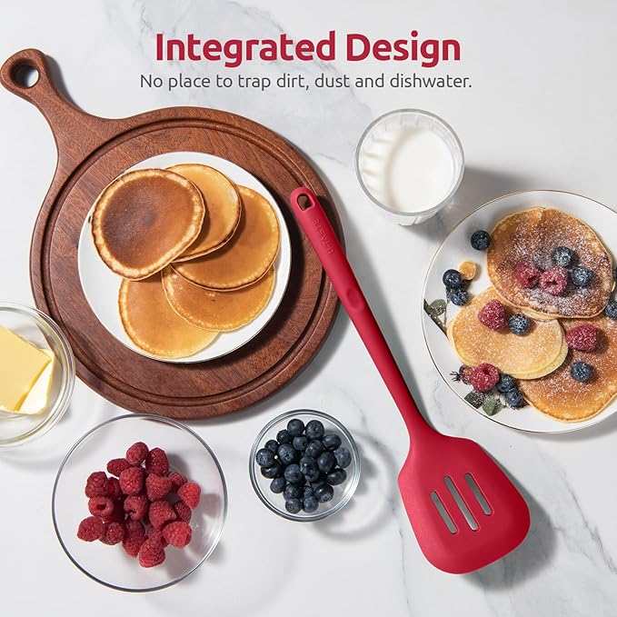 600쨘F Heat Resistant Slotted Turner: U-Taste 13.6in Silicone Kitchen Spatula Flipper, 3.74in Wide Food Grade Flexible Thin Rubber Cooking Utensil for Egg, Pancake, Cookie in Nonstick Cookware (Red)