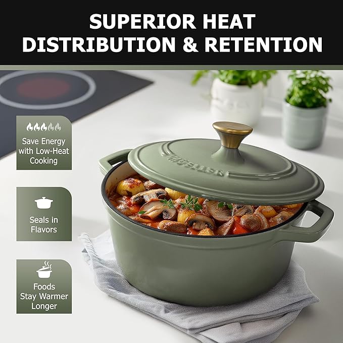 MUELLER HOME 6 Quart Enameled Cast Iron Dutch Oven For Sourdough Bread Baking, Heavy-Duty, Oven-Safe up to 500째 F & Across All Cooktops, Casserole Dishes, Green Kitchen Accessories, Thyme Green