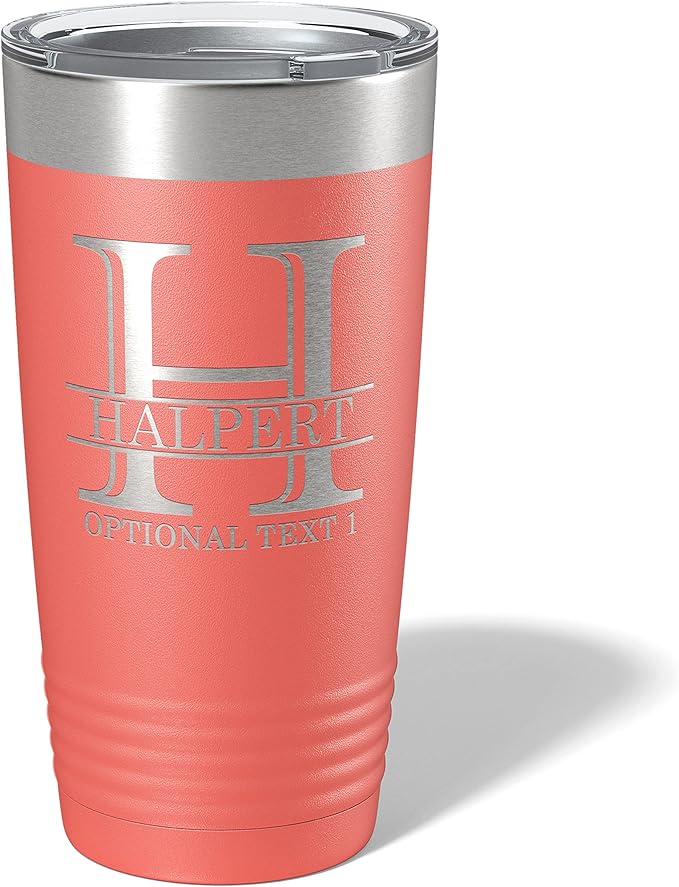 Personalized 20oz (17 Colors) Powder Coated Insulated Stainless Steel Tumbler with Lid, Custom Etched, Customized Engraved Gift Idea for Women Men Her Him, Halpert Monogram Initial Name (Coral)