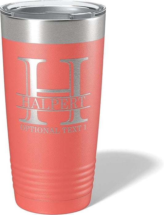 Personalized 20oz (17 Colors) Powder Coated Insulated Stainless Steel Tumbler with Lid, Custom Etched, Customized Engraved Gift Idea for Women Men Her Him, Halpert Monogram Initial Name (Coral)