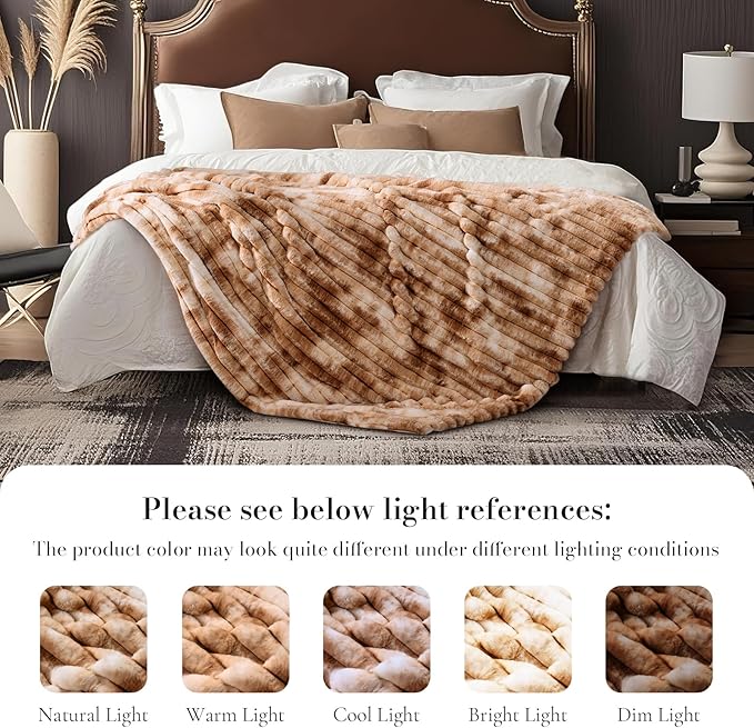 Am챕lie Home Faux Fur Throw Blanket for Couch, Cozy Fuzzy Fluffy Fur Luxurious Soft Striped Plush Gift Blankets for Family Sofa Chair Bedroom, 55"x70", Tie-dye Khaki