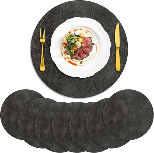 ADRIMER Placemats, Heat Resistant Round Placemats Set of 8 Washable, Waterproof Table Mats, Wipeable Faux Leather Place Mats for Kitchen, Dining Room, Dark Grey