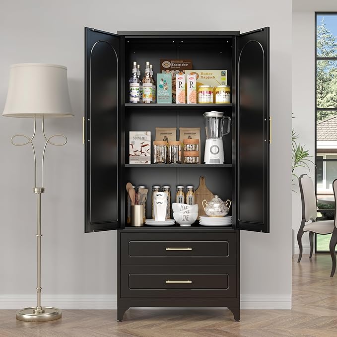 Metal Kitchen Pantry Storage Cabinet with 2 Drawers竊?5Inch Black Food Pantry Cabinets for Kitchen with 2 Adjustable Shelves竊똖all Storage Cupboard for Living Room, Dining Room Office