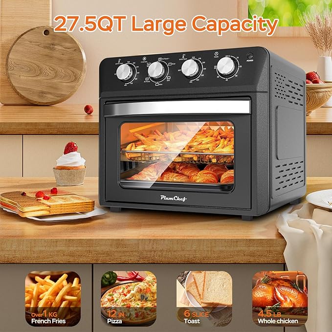 27.5QT 6-in-1 Air Fryer Toaster Oven Extra Large Dropdown-Door 6-Slice Convection Oven for Air Frying, Baking, Roasting, Broiling & Grilling, Stainless Steel Housing, Black