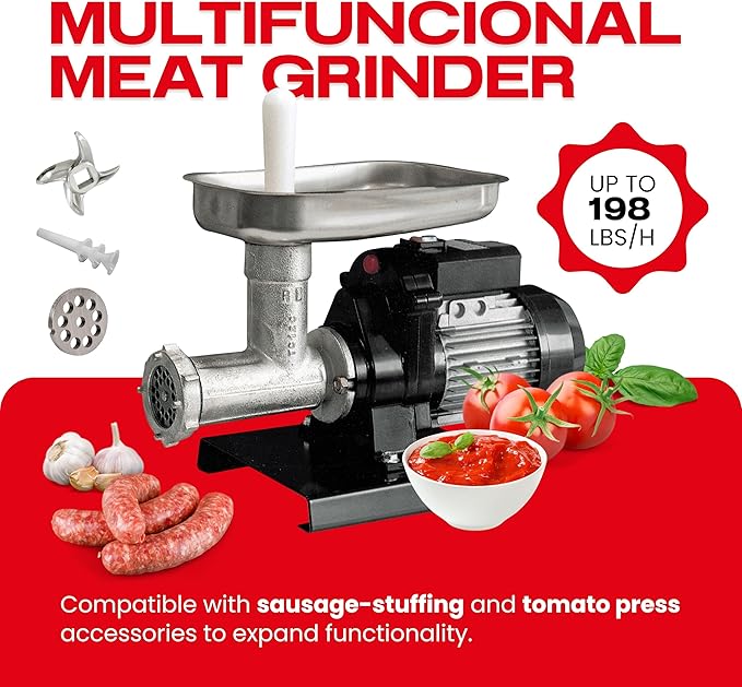 Reber Electric Meat Grinder N.12 550W ??Meat Mincer and Sausage Maker ??Tinned Cast Iron Body ??Induction Motor for Continuous Use ??Made in Italy