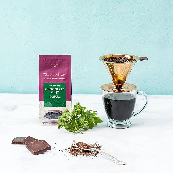 Teeccino Chocolate Mint Chicory Coffee Alternative - Ground Herbal Coffee That?™s Prebiotic, Caffeine Free & Acid Free, Light Roast, 11 Ounce (Pack of 3)