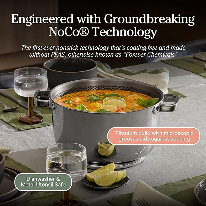 Our Place Titanium Perfect Pot Pro | 6.75 Qt Stock Pot with Lid & Silicone Spoon | PFAS-Free Nonstick, Fully-Clad Tri-Ply Stainless Steel & Aluminum | Induction & Oven-Safe up to 1000째F | Chrome