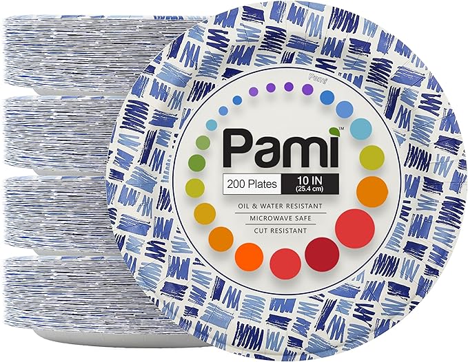 PAMI Heavy-Duty Large Disposable Microwave-Safe Paper Dishes, Oil Water Cut Resistant, Sturdy Uncoated (10 Inch Plate 200 Blue)