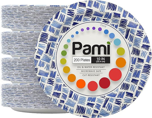 PAMI Heavy-Duty Large Disposable Microwave-Safe Paper Dishes, Oil Water Cut Resistant, Sturdy Uncoated (10 Inch Plate 200 Blue)