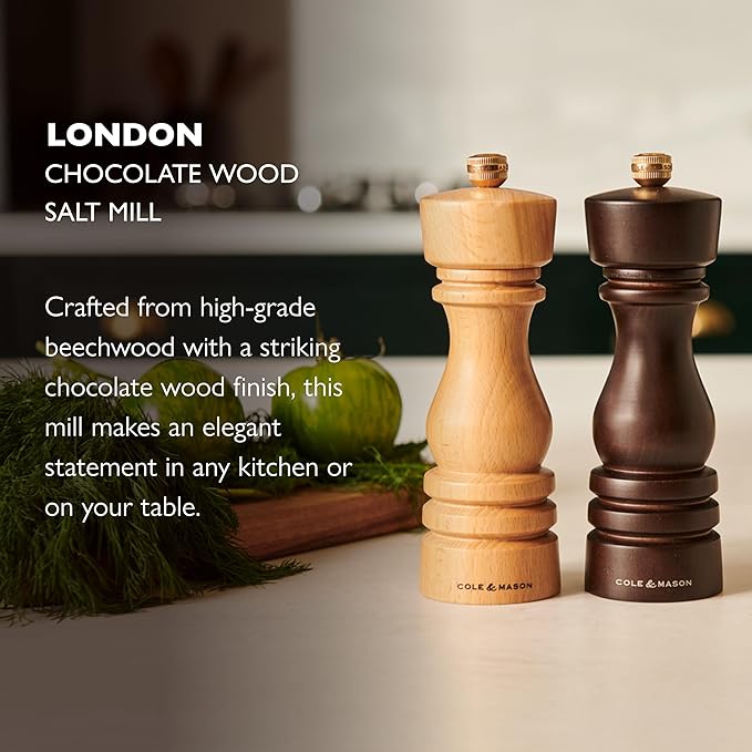 Cole & Mason London Refillable Spice Mill - Kitchen & Home Accessory - Table Salt Grinder - Salt Mill with Ceramic Mechanism - 7", Chocolate Wood
