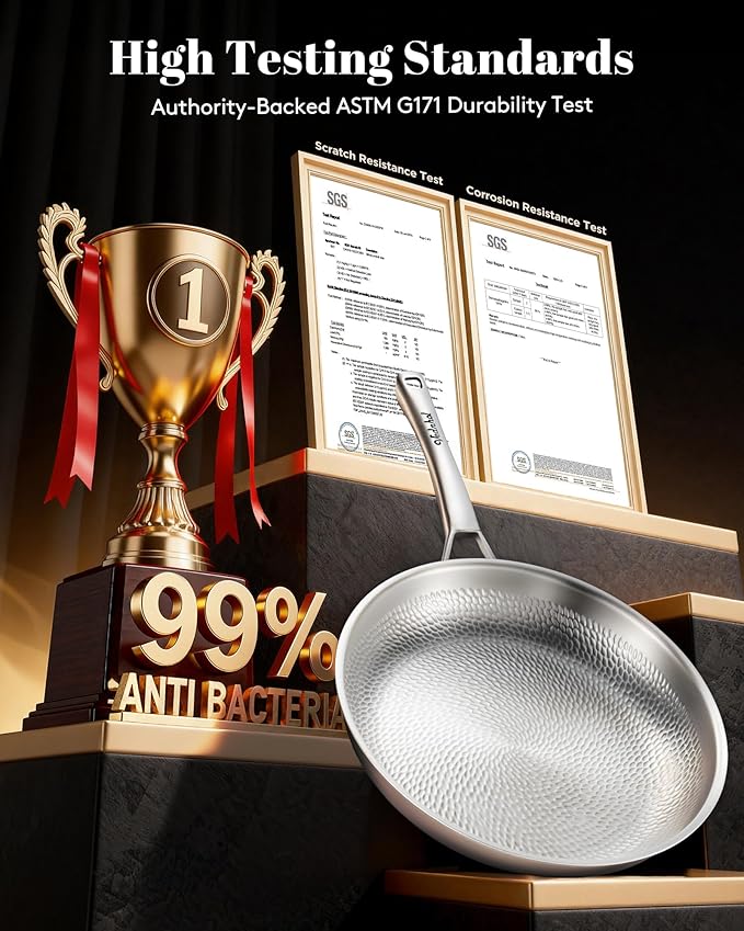 Titanium Pan, 12 Inch Pure Titanium Hammered Pro with Lid, Non Stick Skillet for Cooking, Non-Toxic, PFAS/PFOA/PTFE Free Cookware, Dishwasher&Oven Safe, Kitchen Induction Compatible
