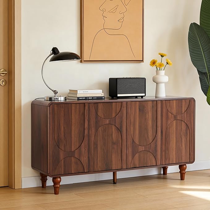 Mid Century Modern Sideboard Buffet Cabinet with Storage, Kitchen Sideboard Credenza Storage Cabinet with Doors and Shelves for Home Coffee Bar, Dining Room, Office, Entryway - Walnut