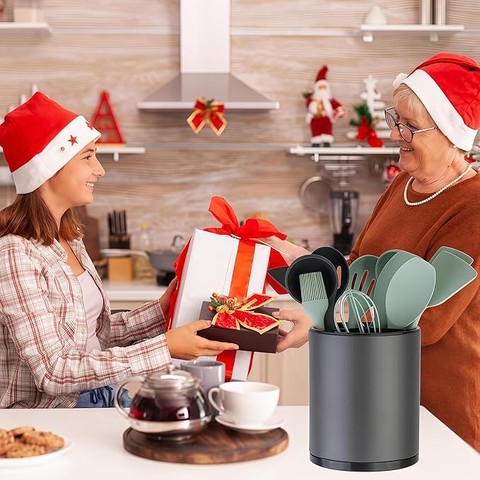 Kitchen Utensil Holder Extra Large 360째Rotating For Counter Organizer Stainless Steel Storage Cooking Silverware Caddy 3 Compartment Flatware Spoon Spatula Tool Cutlery Container(Grey)