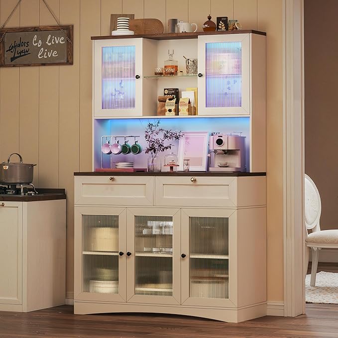 71" Pantry Cabinet with Charging Station and LED Light, Modern Kitchen Pantry Cabinet with Microwave Stand, Tall Kitchen Hutch Food Pantry with Drawers & Shelves for Dining Room, White