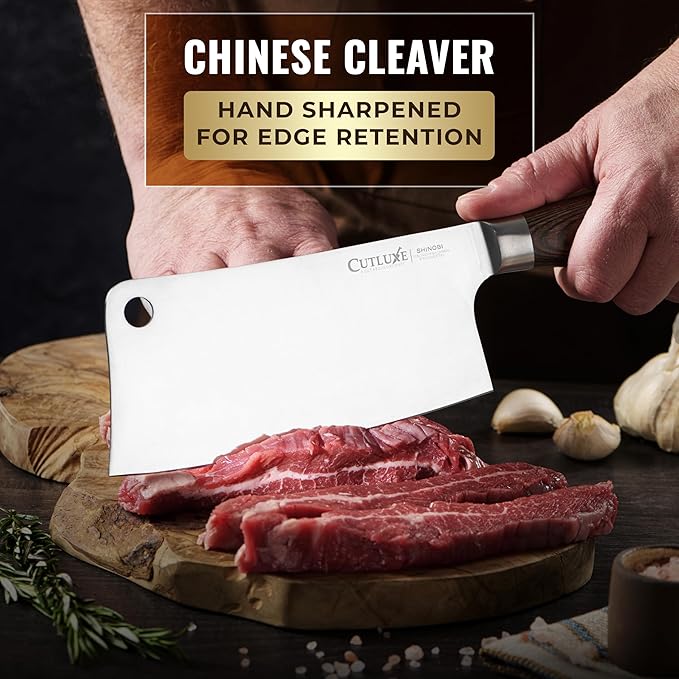 Cutluxe Meat Cleaver Knife ??Ultra Sharp 7" Meat Cleaver, Butcher Knife, High Carbon Stainless Steel Blade, Full Tang Pakkawood Handle ??Shinobi Series