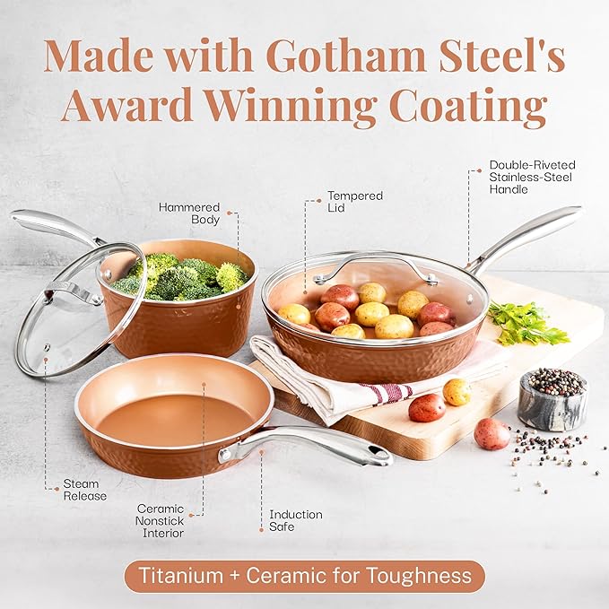GOTHAM STEEL Hammered Copper 12 Inch Non Stick Frying Pans with Lid, Frying Pans Nonstick with Lid, Non Toxic Ceramic Pan for Cooking, Nonstick Frying Pan, Induction Pan, Oven and Dishwasher Safe