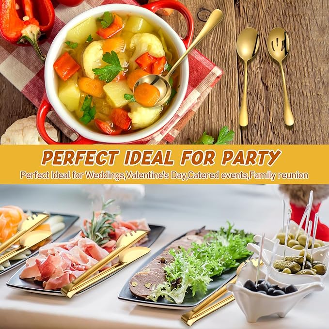 Tanlade 19 Pcs Gold Stainless Steel Serving Utensils Set Flatware Include Forks Spoons Slotted Spoons Soup Ladle Skimmers Pie Server Serving Tongs for Buffet Party Breakfast Home Dinner