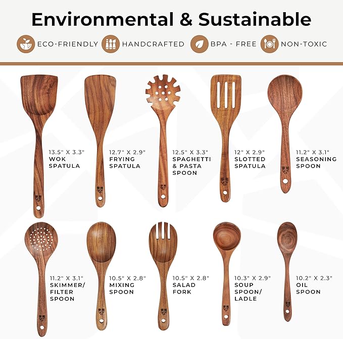 Wooden Spoons for Cooking ??10 Pc Teak Wood Utensil Set, Durable, Nonstick Safe & Heat Resistant with Ergonomic Handles - Unique Kitchen Gifts for Women Men, Cooking Gifts for Men Women