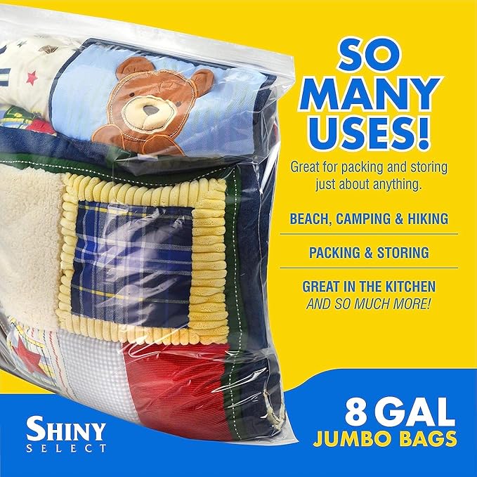 Jumbo Storage 8 Gallon Huge Zipper Storage Bags, 2 Mill Thick Plastic, 20" x 24" Extra Large Size, 50 Count (Shiny Select)