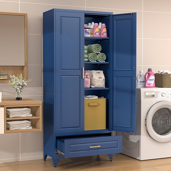 75??Kitchen Pantry Storage Cabinet,Metal Tall Storage Cabinet with Drawers and Adjustable Shelves,Modern Kitchen Hutch Cabinet,Freestanding Cupboard for Living Room,Blue