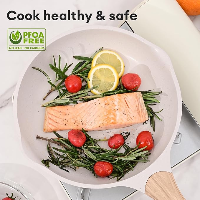 JEETEE 9.5 Inch Nonstick Frying Pan, Stone Coating Cookware, Nonstick Omelette Pan with Heat-Resistant Handle, Compatible with All Stoves (Beige)